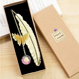 ECVV Metal Feather Bookmarks with 3D Butterfly and Dried Flower Pendant Gold Retro Book Page Markers Leaf Book Marks Gift for Book Lovers Teachers