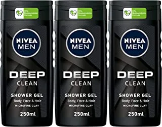 NIVEA MEN 3in1 Shower Gel Body Wash, Cleansing DEEP Micro-Fine Clay, Woody Scent, 3x250ml
