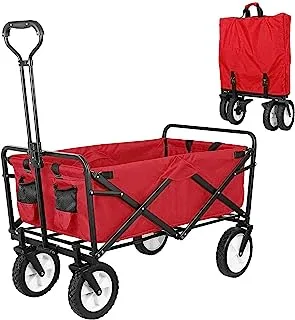 COOLBABY Cart Outdoor Garden Cart.The cart handles are adjustable and can be folded into a lightweight outdoor four-wheeled cart for gardening, sports, camping and picnics-RED