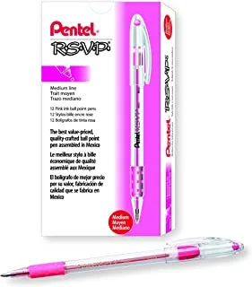 قلم حبر جاف Pentel RSVP - 1.0 مم ، عبوة من 12 قلم ، وردي