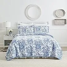 Laura Ashley Quilt Set Reversible Cotton Bedding with Matching Shams, Lightweight Home Decor for All Seasons, King, Bedford Delft Blue