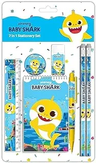 BABY SHARK 7pcs in Stationery Set (2pcs Pencils, Pen, Sharpener, Eraser, Notebook, Ruler) - Back to Pre School Kindergarten Education Supplies for Kids Boys