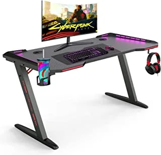 Arabest Gaming Desk, 120 cm Computer Desk with Led, Gaming Table PC Gamer Workstation Carbon Fiber with Cup Holder and Headphone Hook, Black