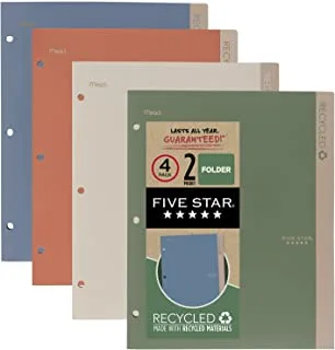 Five Star 2 Pocket Folders, 4 Pack, Recycled Plastic Folders with Stay-Put Tabs and Prong Fasteners, Fits 3-Ring Binder, Holds 11” x 8-1/2” Paper, Writable Label, Clay, Green, Blue, Gray (33002)