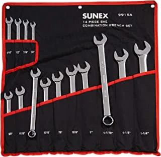 Sunex 9915A V-Groove Fractional Full Polish Combination Wrench Set, 3/8-Inch - 1-1/4-Inch, Fully Polished, 14-Piece (Includes Roll-Case)