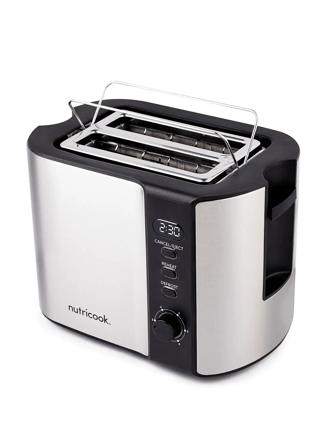 nutricook Digital 2-Slice Toaster With LED Display, 2 Long & Extra Wide Slots, 6 Toasting Levels, Defrost/Reheat/Cancel, Removable Crumb Tray, 2 Years Warranty 800 W NC-T102S Silver