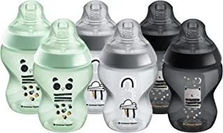 Tommee Tippee Closer to Nature Baby Bottles, Slow-Flow Breast-Like Teat with Anti-Colic Valve, 260ml, Pack of 6, Ollie and Pip