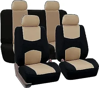 FH Group Universal Fit Full Set Flat Cloth Fabric Car Seat Cover (Beige/Black) (FH-FB050114, Fit Most Car, Truck, Suv, or Van)
