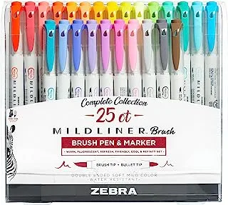 Zebra Pen Mildliner قلم فرشاة مزدوج الطرف ، رؤوس فرشاة ونقطة ، ألوان حبر متنوعة ، 25 عبوة ، متعدد الألوان (79125)
