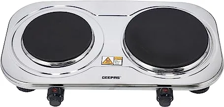 Geepas Stainless Steel Double Hot Plate Indicator Light Adjustable Temperature Control Overheat Protection Non-Slip Feet Auto Thermostat Hot Plate for Kitchen Camping 2500 W GHP32024 Silver