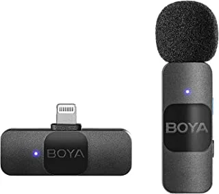 Boya 2.4 ghz Omnidirectional Wireless Microphone System with a Transmitter & a Receiver for iOS Devices. MFI Certified. for Social Media, YouTube Content with Rechargeable Battery. 50 metres Range.
