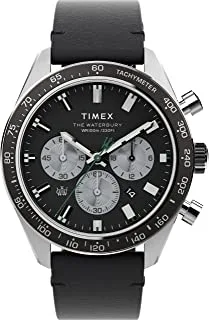 Timex Men’s Waterbury Diver Chronograph Automatic 41mm Watch – Black Dial Stainless Steel Case with Black Leather Strap