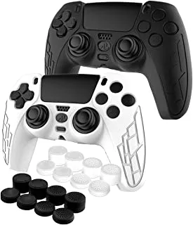 NALANDA 2PC PS5 Controller Skins Anti-Slip Dustproof Silicone Controller Protector Case for PS5 Playstation Controller with 16 Thumb Grips (Black + White)