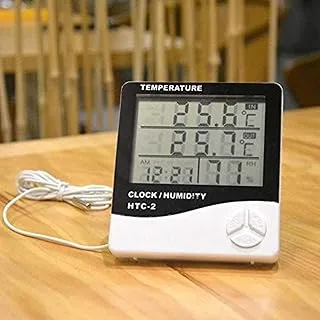 ميزان حرارة رقمي بشاشة ال سي دي ، مقياس رطوبة ، ساعة ، ابيض ، HTC-2