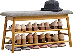 Bamboo Shoes Bench Seat Shoe Rack Storage Stool 2 Tier with Hidden Storage Compartment for Entryway Hallway Bedroom Living Room Shoes Shop 91 * 27 * 44cm