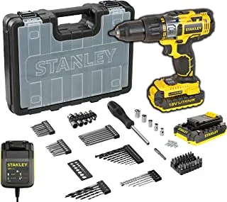 Stanley 18V Cordless Hammer Drill with 100 Pieces Accessory Set, 2 Batteries, Professional Metal Chuck, Concrete Drilling, Metal Drilling, Wood Drilling, Screw Driving, Stdc18Lhbk-B5