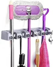 ECVV Mop Broom Holder Wall Mounted Kitchen Tool Organizer and Storage Rack, 6 Hooks and 5 Slots, Grey