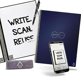 دفتر ملاحظات ذكي قابل لإعادة الاستخدام من Rocketbook- شبكة نقطية صديق للبيئة مع قلم فريكسيون تجريبي وقطعة قماش من الألياف الدقيقة متضمنة - غطاء أزرق داكن ، حجم الرسالة (8.5 