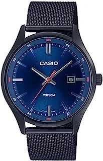 Casio Men Watch Analog Date Display Blue Dial Stainless Steel Mesh Band Black Ion Plated Case and Band MTP-E710MB-2AVDF