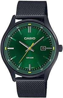 Casio Men Watch Analog Date Display Green Dial Stainless Steel Mesh Band Black Ion Plated Case and Band MTP-E710MB-3AVDF