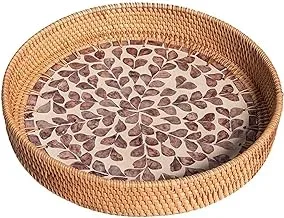 Ayra Mother of Pearl Tray with Handles - Handmade Round Rattan Tray for Serving Tea, Coffee, Drinks, Bread and Fruit - Rustic Tray with Dimension 30 cm x 30 cm x 5 cm