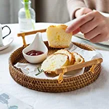 Ayra Handmade Round Rattan Tray with Handles-Bread Fruit Tray-Tea Tray Organizer-Tabletop Rattan Basket Tray-Coffee Serving Tray-Rustic Tray Serving for Bread, Drinks, Coffee and Tea (Large)