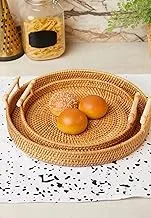 Ayra Handmade Round Rattan Tray Set with Handles-Bread Fruit Tray-Tea Tray Organizer-Tabletop Rattan Basket Tray-Coffee Serving Tray-Rustic Tray Serving set for Bread, Drinks, Coffee and Tea(Set of 2)