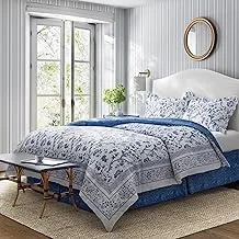 Laura Ashley Home - طقم لحاف ، ملاءات قطنية مع شمس متناسقة وتنورة سرير ، ديكور منزلي أنيق (أزرق شارلوت ، كوين)