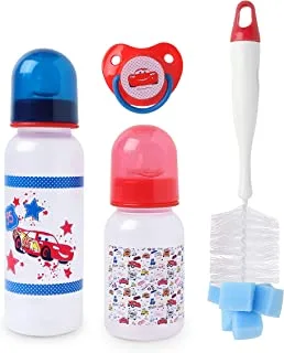 Disney Cars Lightning McQueen PACK OF 4 Baby Feeding Gift Bundle – Silicone Pacifier, 5 oz/150ml and 9 oz/250 ml, Feeding Bottles, Feeding Bottle Cleaning Brush, 0+ Months (Official Disney Product)