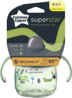 Tommee Tippee Superstar Sippee, Weaning Sippy Cup for Babies with INTELLIVALVE Leak and Shake-Proof Technology and BACSHIELD Antibacterial Technology, 4m+, 190ml, Pack of 1, Green