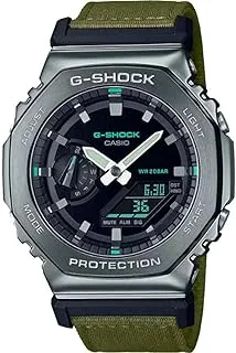 ساعة كاسيو الرجالية جي شوك بغطاء معدني مثمن رقمي انالوج بعقارب اسود حزام قماش GM-2100CB-3ADR.