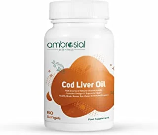 Pure Cod Liver Oil 300mg | 60 Softgels Capsules | High Strength Cod Liver Oil | Supports Heart Health | by Ambrosial