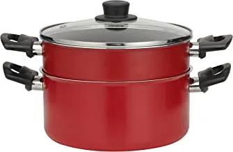 Royalford 2-Tier Non-Stick Steam Pot, Aluminium Pot, RF10265 | Aluminium Cookware with Tempered Glass Lid | Steam Pot with Bakelite Handles & Knobs | Kitchen Steamer Cooker