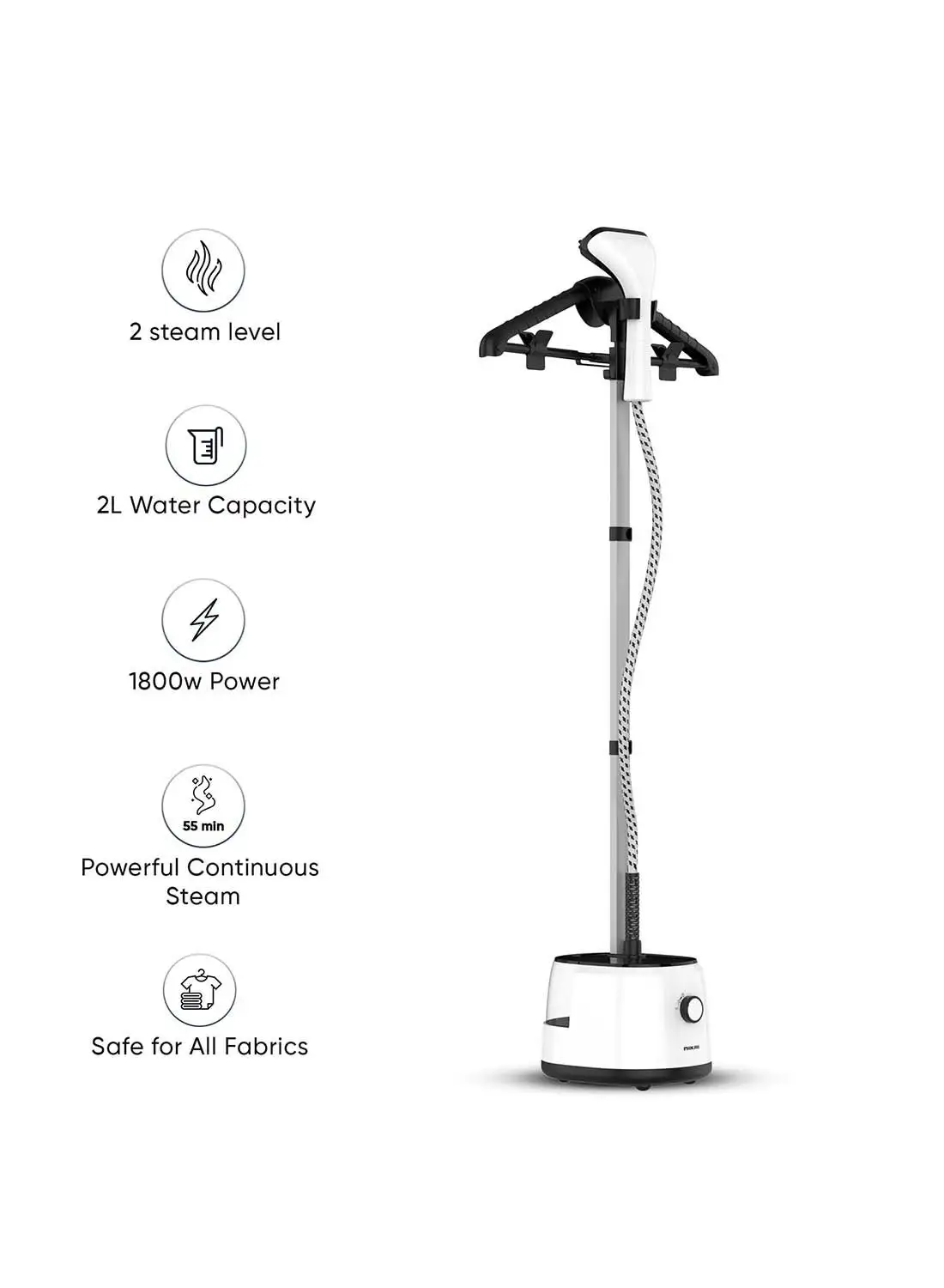NIKAI Garment Steamer With Suit Hanger System, 2 Steam Levels, Overheating Protection, Wrinkle-Free, High-Quality Telescopic Poles, 50Min Steam, Ideal For Home And Business Use 2 L 1800 W NGS566AX White
