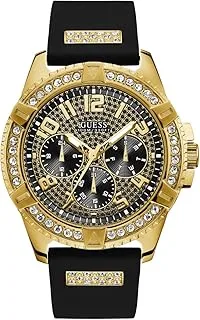 GUESS Comfortable Gold-Tone Black Stain Resistant Silicone Watch with Crystal Embellished Day, Date + 24 Hour Military/Int'l Time. Color: Black (Model: U1132G1)