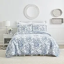Laura Ashley Home - مجموعة لحاف الملكة ، سرير قطني قابل للعكس مع شمس متطابقة ، ديكور منزلي خفيف الوزن لجميع الفصول (Bedford Delft Blue ، Queen)