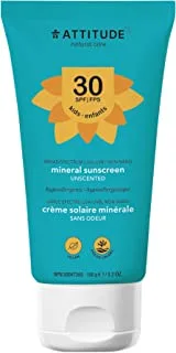 ATTITUDE Mineral Sunscreen ، واسع الطيف UVA / UVB ، صديق للشعاب المرجانية ، لا يسبب الحساسية ، نباتي وخالي من القسوة ، SPF 30 ، خالي من العطور ، 75 جرام