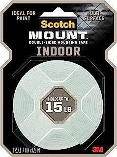 Scotch Mount Indoor Tape 1 in x 125 in (25.4mm x 1.17m) | Holds 6.8 kg using 1.14 m | White color | Multi-Surface| Easy to use | No Tools | Double Sided Adhesive Tape | 1 roll/pack