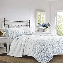 Laura Ashley Home - طقم لحاف كوين ، سرير قطني قابل للعكس مع شمس متطابقة ، ديكور منزلي مغسول مسبقًا لمزيد من النعومة (Flora Blue ، Queen)