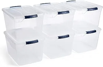 Rubbermaid Cleverstore Clear 30 Qt / 7.5 Gal ، عبوة من 6 حاويات تخزين بلاستيكية قابلة للتكديس مع أغطية شفافة متينة ، تخزين مرئي ، رائعة للخزانة ، الغسيل ، والمطبخ