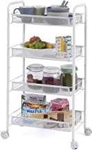 Joyzzz Rolling Utility Cart, Metal storage organizer cart with 4 Tier Mesh, Multifunction Storage Rack Cart with handle, Lockable Wheels, Storage Trolley for Home, Office, Kitchen, Bathroom(White)