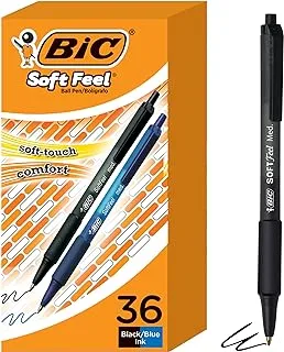 أقلام حبر جاف ذات ألوان متنوعة قابلة للسحب من BIC Soft Feel ، نقطة متوسطة (1.0 مم) ، عبوة مكونة من 36 قطعة ، أقلام باللونين الأسود والأزرق مع قبضة مريحة ناعمة الملمس
