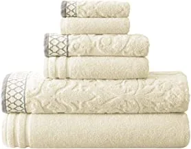 Amrapur Overseas 6-Piece Damask Jacquard/Solid Ultra Soft 550GSM 100% Combed Cotton Towel Set with Embellished Borders [Ivory]