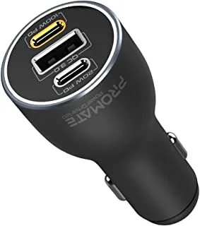 Promate Car Charger, Super-Fast 120W USB-C™ Car Adapter with Dual Type-C™ 100W/20W Power Delivery Ports, Qualcomm QC 3.0 USB Port and Over Charging Protection, PowerDrive-120