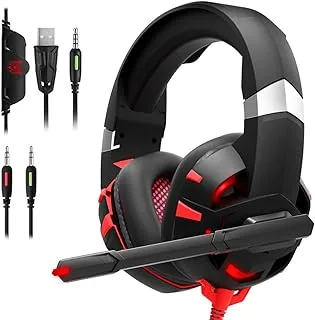 DIOWING Gaming Headset PC Gaming Headset with 7.1 Surround Sound Stereo, Xbox One Headset with Noise Canceling Mic & LED Light, Compatible with Xbox One, PS3, PS4, PS5, PC, Sega Game Gear (Red), (K2)