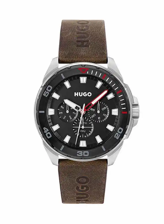 هوغو بوس ساعة يد جلد دائرية بعقارب 1530285 للرجال - 44 ملم