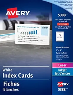 بطاقات Avery قابلة للطباعة مقاس 3 × 5 بوصة ، 150 بطاقة فهرسة فارغة - رائعة لبطاقات الوصفات والبطاقات التعليمية (5388) ، أبيض