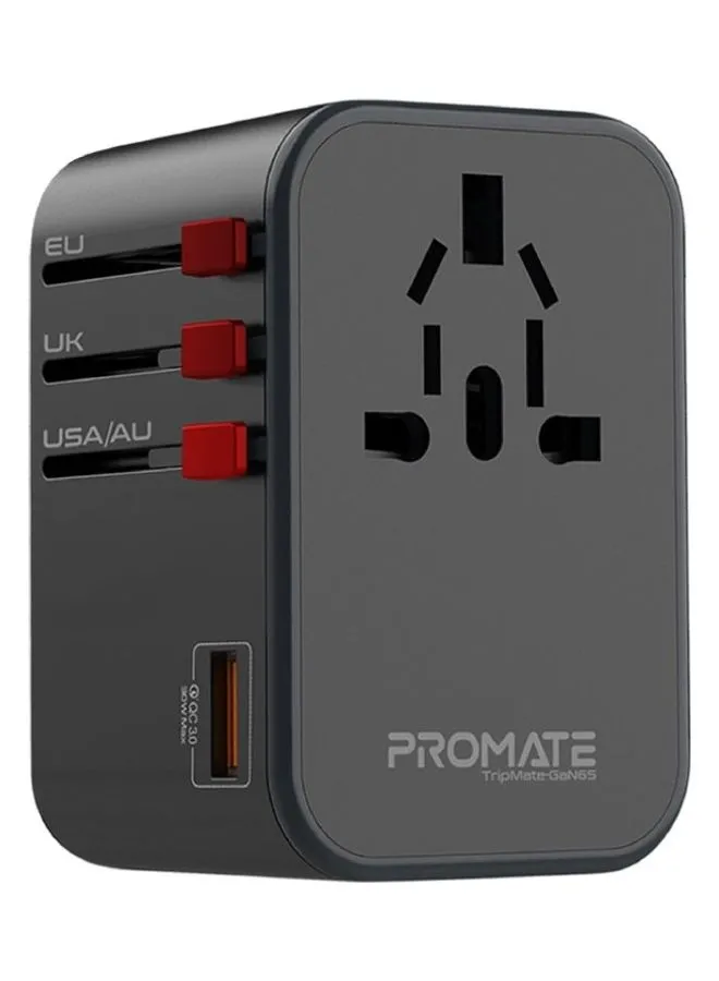 PROMATE GaN Travel Adapter with AC Outlet, Dual 65W USB-C PD and 30W QC 3.0 Ports, TripMate-GaN65 Black