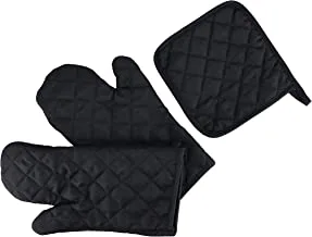 Royalford Kitchen Gloves with Pot Holder- RF10488 100% Cotton Padded with Polyester Gloves and Holder Oven Mittens for Baking Comfortable Fit Safe and Machine Washable Black