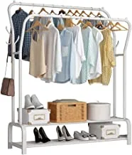 Joyzzz Garment Rack, Freestanding Hanger Double Rods Multi-functional Bedroom Clothing Rack, Double Coat Rack Metal Garment Rail With Two Top Rod, Hook and Lower Storage Shelf (White)